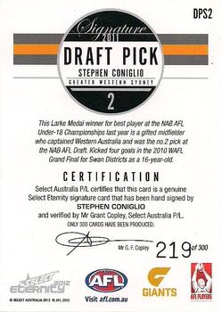 2012 Select AFL Eternity - Draft Pick Signatures #DPS2 Stephen Coniglio Back